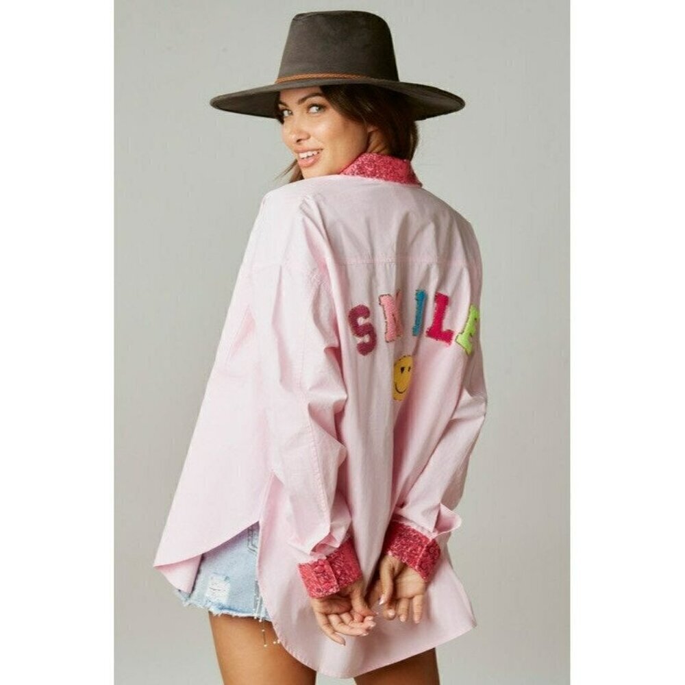 Made My Day Smile Sequin Outline Patch Shirt in Pink - Picture 3 of 10